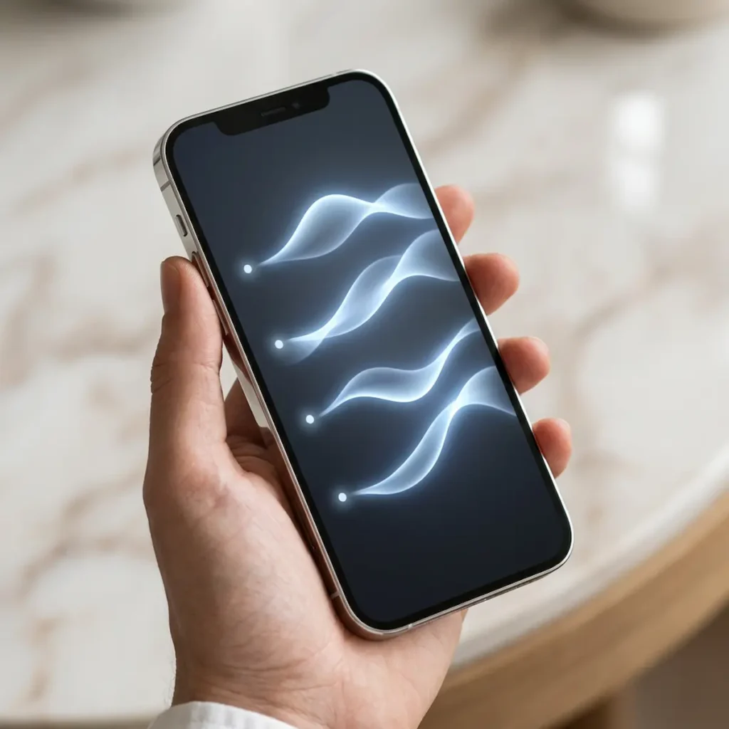 Minimal smartphone interface illustrating Apple's subtle audio branding approach.