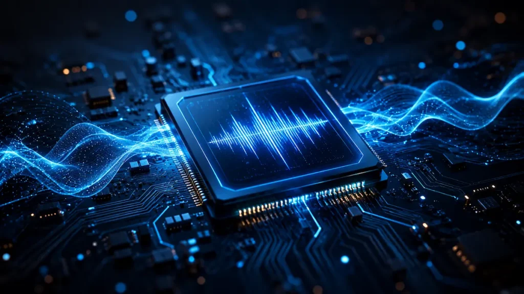 Technology-inspired illustration representing Intel's iconic sonic logo and audio branding.