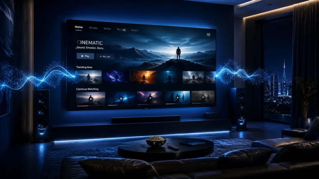 Cinematic streaming interface illustrating a memorable sonic branding example.