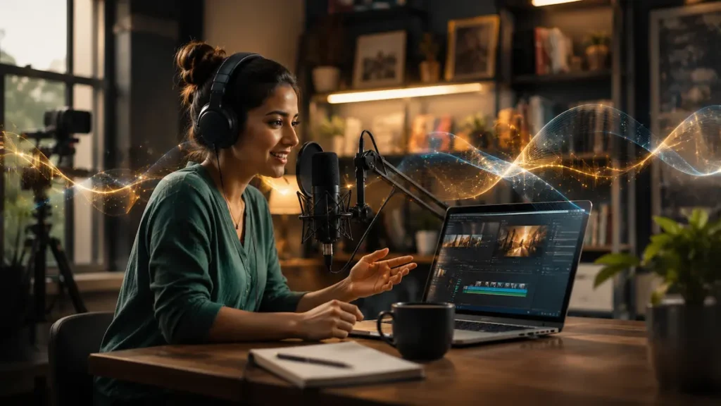 Small business owner creating a consistent sonic brand across digital content.