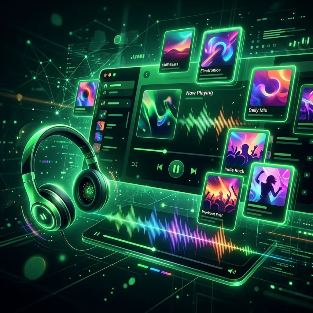 Music streaming interface representing personalized audio branding.