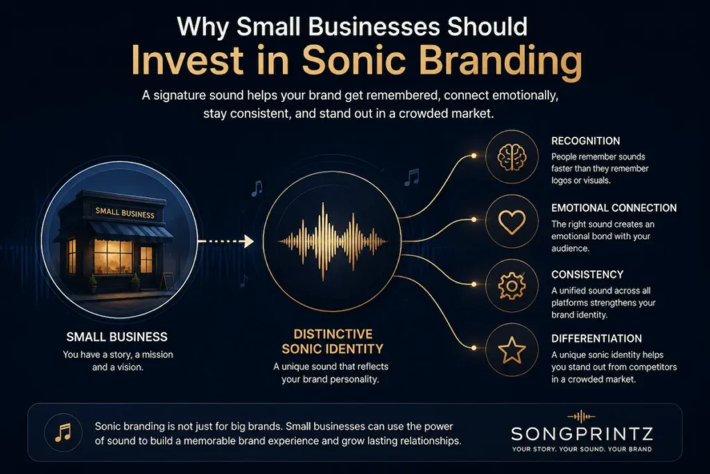 Sonic branding benefits for small businesses including recognition, emotion, consistency, and differentiation