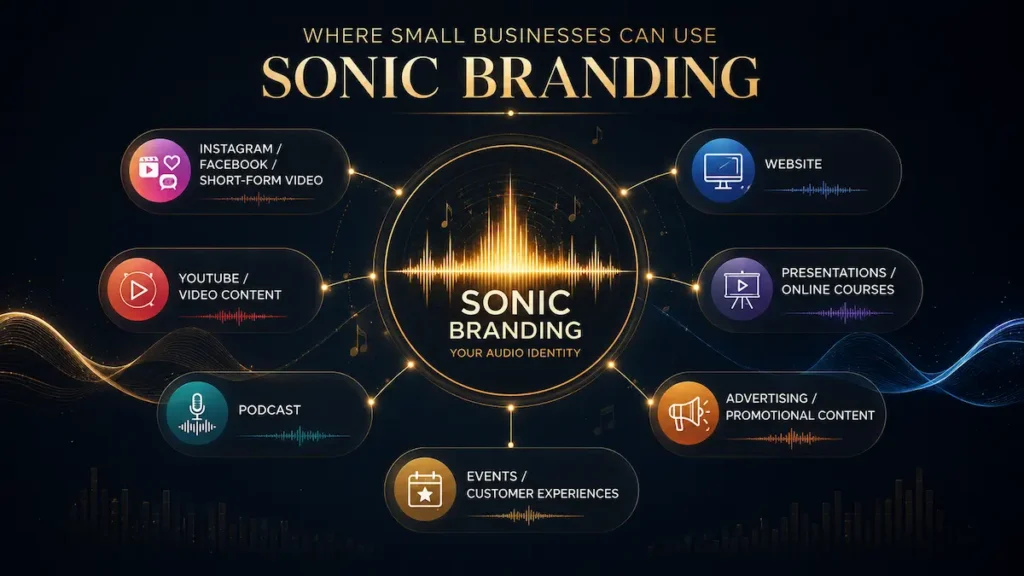 Sonic branding touchpoints for small businesses across social media, YouTube, podcasts, websites, presentations, advertising, and events